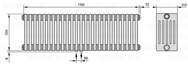 Схема (чертеж) Радиатор Zehnder Charleston 6055/25 №3470 Белый глянцевый RAL 9016